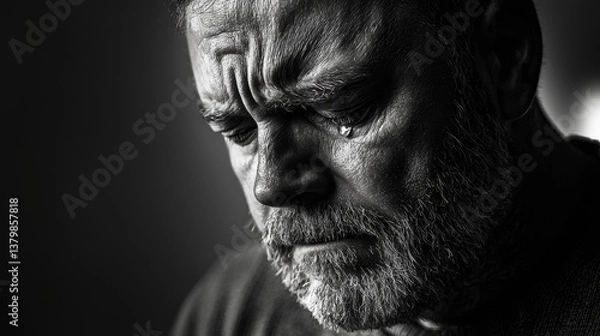 Fototapeta Emotion-filled portrait of a man reflecting on a sorrowful moment indoors in soft lighting