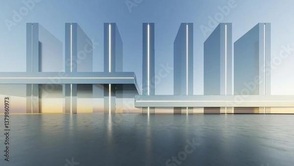 Fototapeta 3d illustration of abstract minimal architecture background, geometric architectural with chrome or metallic design with neon light
