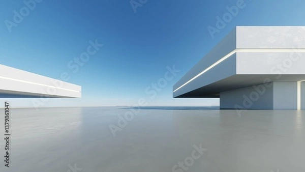 Fototapeta 3d render of abstract modern architecture with empty cement floor, minimal exterior, car presentation background