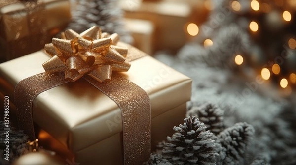 Fototapeta Christmas presents, festive lights, and snow-covered pine cones