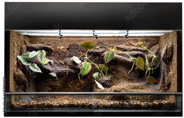Fototapeta Terrarium do hodowli tropikalnych zwierząt dżungli, takich jak jaszczurki i żaby z zatrutymi strzałkami. Szklany zbiornik z dekoracją dla zwierzaka z lasu deszczowego.