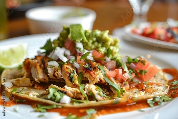 Fototapeta Grilled Chicken Tacos Recipe: A Delicious Mexican Dish with Guacamole, Pico de Gallo, and Cilantro, Served on Warm Tortillas with Lime Wedges.  Enjoy this Simple yet Flavorful Meal!