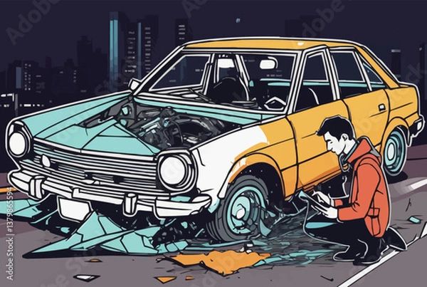 Fototapeta A Journalist taking photograph of a broken car in an accident