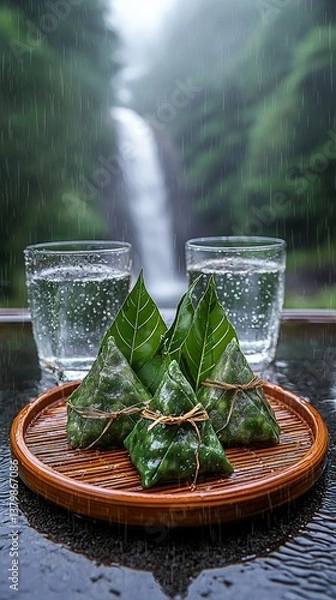 Fototapeta Tranquil Rain Zongzi and Waterfall Serenity