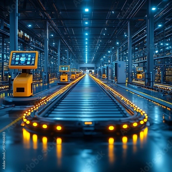 Obraz Futuristic AI warehouse illuminated with robotic technology high resolution picture