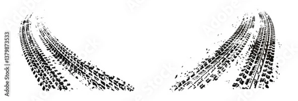 Fototapeta Traces of car, motorcycle tread. Curved realistic traces of tires of wheels from different types of tread vector png. Car wheels on disks.	
