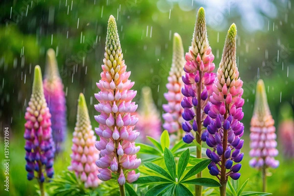 Fototapeta A cone-shaped lupin with soft, bouncy petals in pastel colors