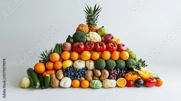 Fototapeta Physical food pyramid sculpture built from real foods, each layer stacked with fresh vegetables, grains, dairy, fruits, and proteins, clean white seamless background, bright studio lighting.