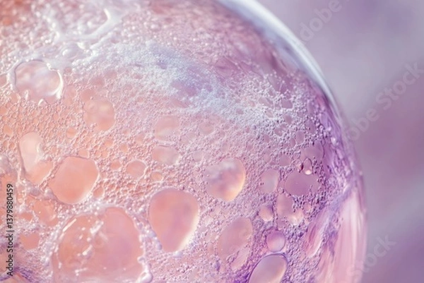 Fototapeta Macro shot of a semi-transparent sphere with water droplets, revealing a textured, organic surface in soft pink and purple hues.