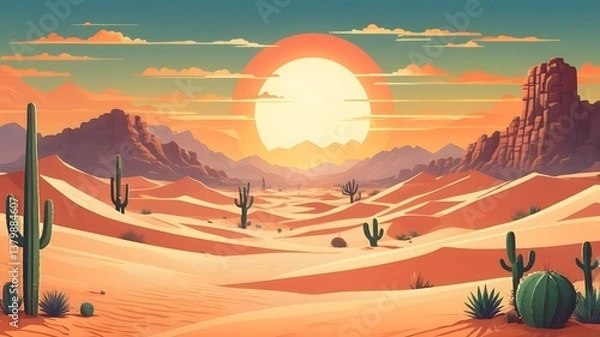 Obraz Retro Pixel Art Desert – Sand Dunes & Cacti Under Bright Sun for Adventure & Exploration Themes