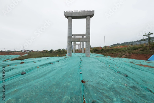 Fototapeta Freeway ramp bridge pier columns
