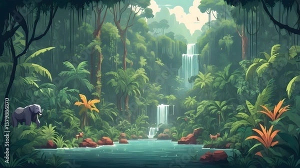 Obraz Adventurous Pixel Art Jungle – Dense Foliage & Waterfalls for Retro Exploration/Survival Themes