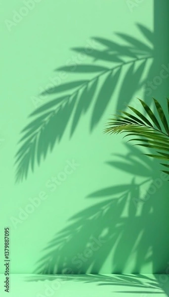 Fototapeta Blurred shadow of palm leaves on green wall, minimal abstract background, light grey backdrop,  shadow,  light grey