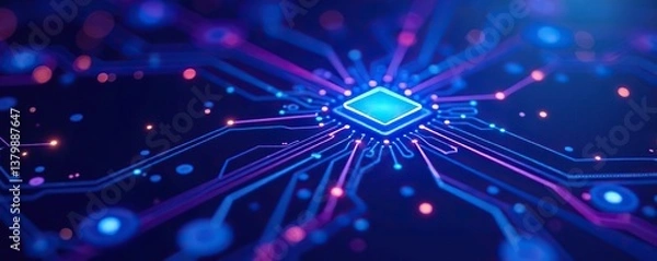 Fototapeta Blue and purple technology background with interconnected circuit design,  connection,  futuristic