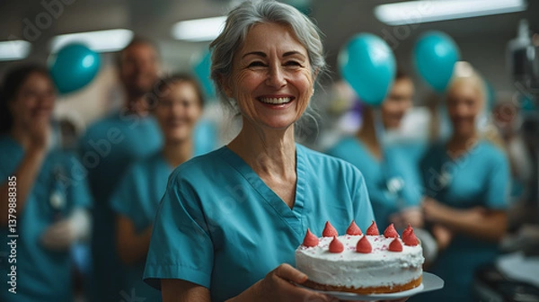 Fototapeta A happy senior nurse smiling while holding a birthday cake, celebrating with joy and warmth in a hospital setting.
