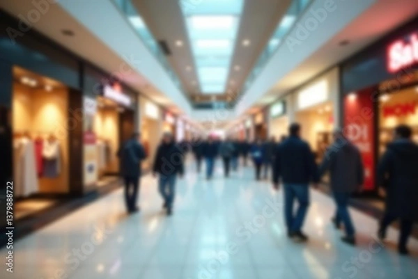 Fototapeta Blurry background of a crowded shopping mall with various stores and bright lights,  display,  blur