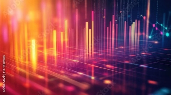 Fototapeta Abstract infographic elements including lines and bar graphs float over a clean tech background featuring soft transparency and vibrant colors