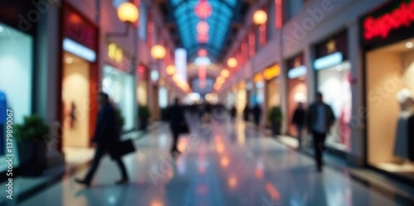 Fototapeta Blurry image background of a busy shopping mall with colorful lights and blurred storefronts,  urban,  storefronts