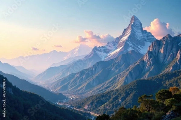 Fototapeta Layered landscape with skyscrapers over mountains, concrete jungle, architecture, landscape