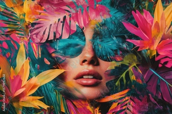 Fototapeta A woman's face artfully blended with vibrant tropical foliage, creating a surreal and captivating image.
