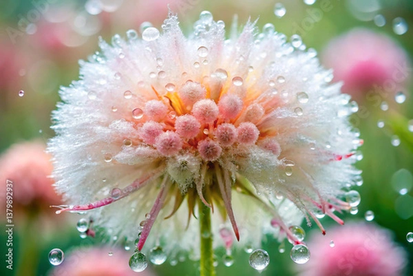 Fototapeta A fluffy flower with soft, puffball-like petals in pastel pink and white