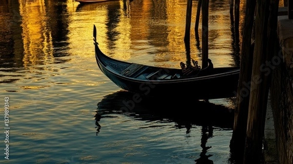 Fototapeta A gondola floats in the water near wooden support structures