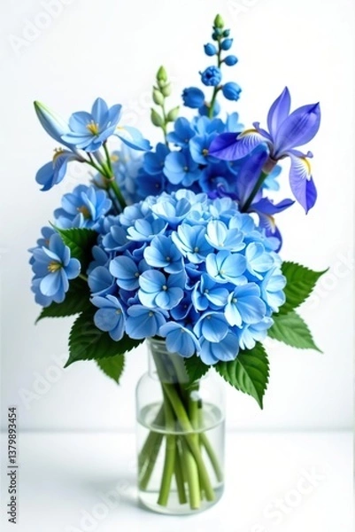 Fototapeta Blue flower bouquet in various shades, including hydrangeas, delphiniums, and irises, elegantly arranged on a clean white background,  colorful,  hydrangea