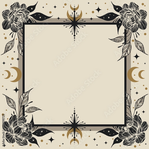 Fototapeta Vector frame with flowers, stars, crescents and a copy space. Banner with an elegant border and a place for text