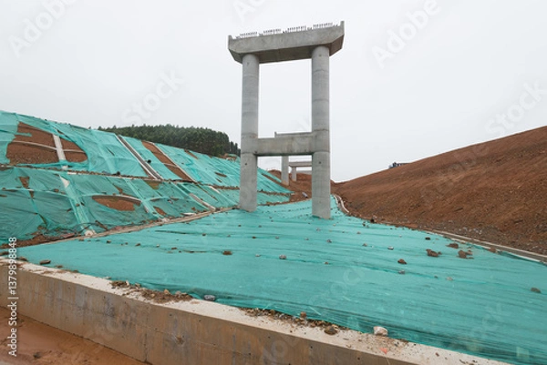 Fototapeta Freeway ramp bridge pier columns