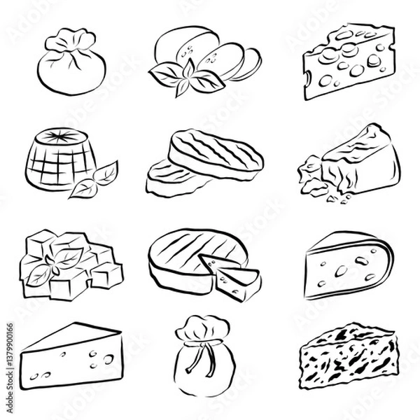 Fototapeta Hand drawn different types of cheese set. Line icon collection. Mozzarella, Parmesan. Feta, Brie. Gouda, Cheddar. Ricotta, Burrata. Roquefort, Scamorza. Cartoon icons collection. 