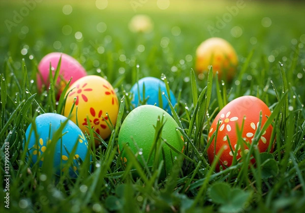 Fototapeta Colorful Easter Eggs Hidden In Green Grass Sunlight
