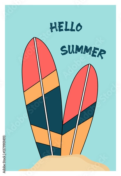 Fototapeta Poster design, poster with surfboards. The concept of rest and summer holidays. It is ideal for posting a post or banner about the summer sale. Vector flat image. Hello summer.