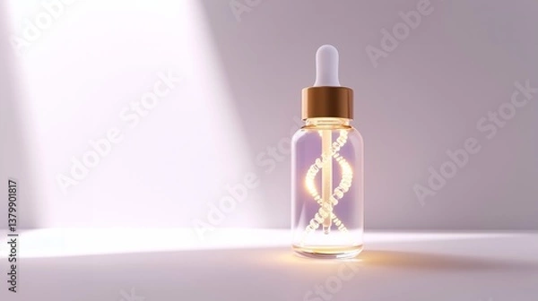 Fototapeta A futuristic serum bottle with a glowing DNA helix inside, symbolizing genetic innovation, biotechnology, and scientific advancements in healthcare and cosmetics.