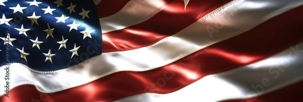 Fototapeta A red, white and blue American flag with stars. The flag is waving in the wind. The flag is a symbol of the United States and represents freedom and patriotism