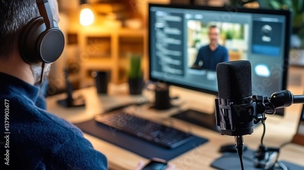 Fototapeta A professional giving a virtual presentation from a stylish home office, webcam and microphone set up perfectly