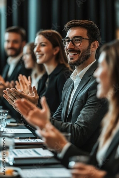 Fototapeta A group of people are sitting at a table, smiling and clapping. The man in the center is wearing glasses and a suit, and he is the only one smiling. The other people are all dressed in business attire