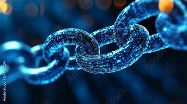 Fototapeta A close up view of a blue digitally rendered chain with a dark and blurred background