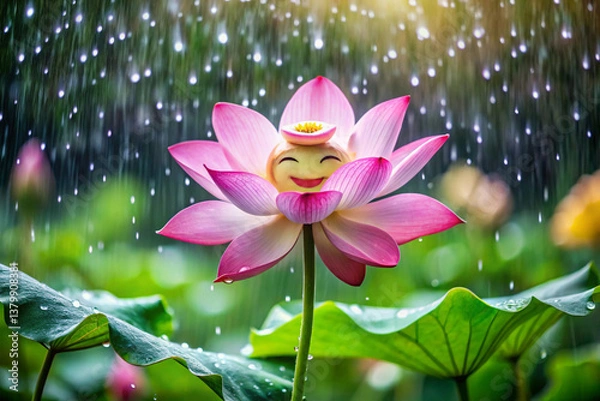 Fototapeta A lotus with a happy, cartoon-like face on its center and petals that curl upward into a wide grin when it rains