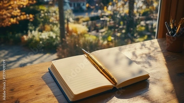 Fototapeta A golden pen rests on an open notebook near a window