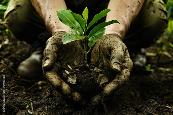 Fototapeta Hands Planting Young Seedling