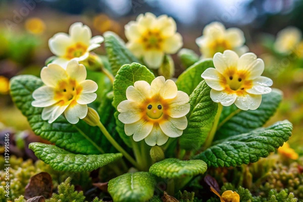 Fototapeta A primrose with bell-shaped blooms that have tiny “smiling” patterns inside