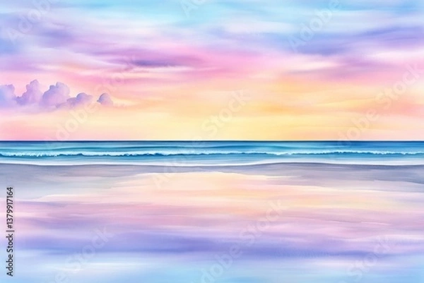 Fototapeta A soft watercolor painting of a Florida beach at sunrise, with pastel skies reflecting on the water