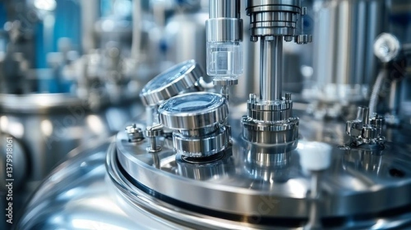 Fototapeta Close up of a shiny metal industrial machine with gauges and stainless steel components in a factory