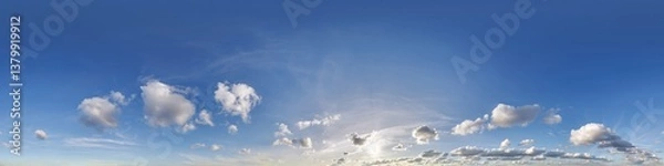 Obraz blue sky hdri 360 panorama with pink clouds before sunset with zenith for use in 3d graphics as sky dome or edit drone shot as sky replacement