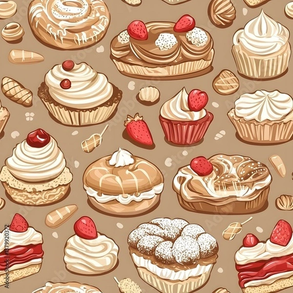 Fototapeta A delightful seamless pattern showcases an array of delectable bakery sweets including creamy cakes pastries and strawberries perfect for wallpaper textile or packaging design