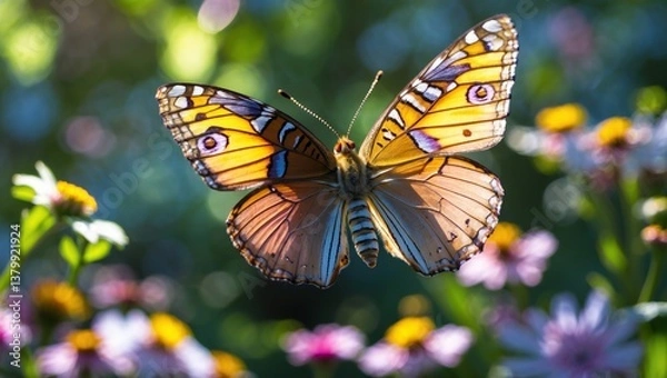 Fototapeta Stunning Macro Photograph of a Butterfly in Flight Amongst Flowers