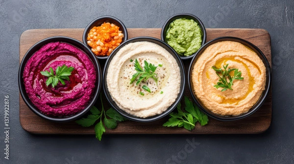 Fototapeta Colorful hummus varieties displayed on wooden board, garnished with herbs, inviting and fresh