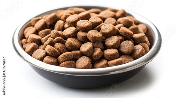 Fototapeta A bowl filled with dry dog food, isolated on a white background