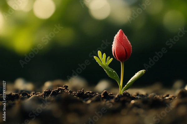 Fototapeta Red tulip bud emerging from soil with dew drops at sunrise.