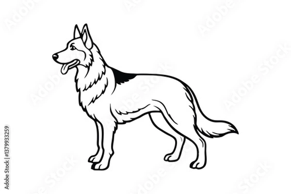 Fototapeta A black and white vector illustration of a German Shepherd standing alert with pointed ears.eps